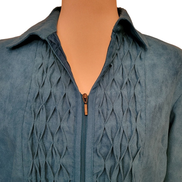 Turquoise Blue Zip Up Blazer Pin Tucked Office Casual Career Retro Chic Size PM - Picture 2 of 7